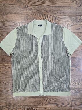 Express Patterned Knit Polo Shirt XL Green Mens Button Up Retro Sweater Polo